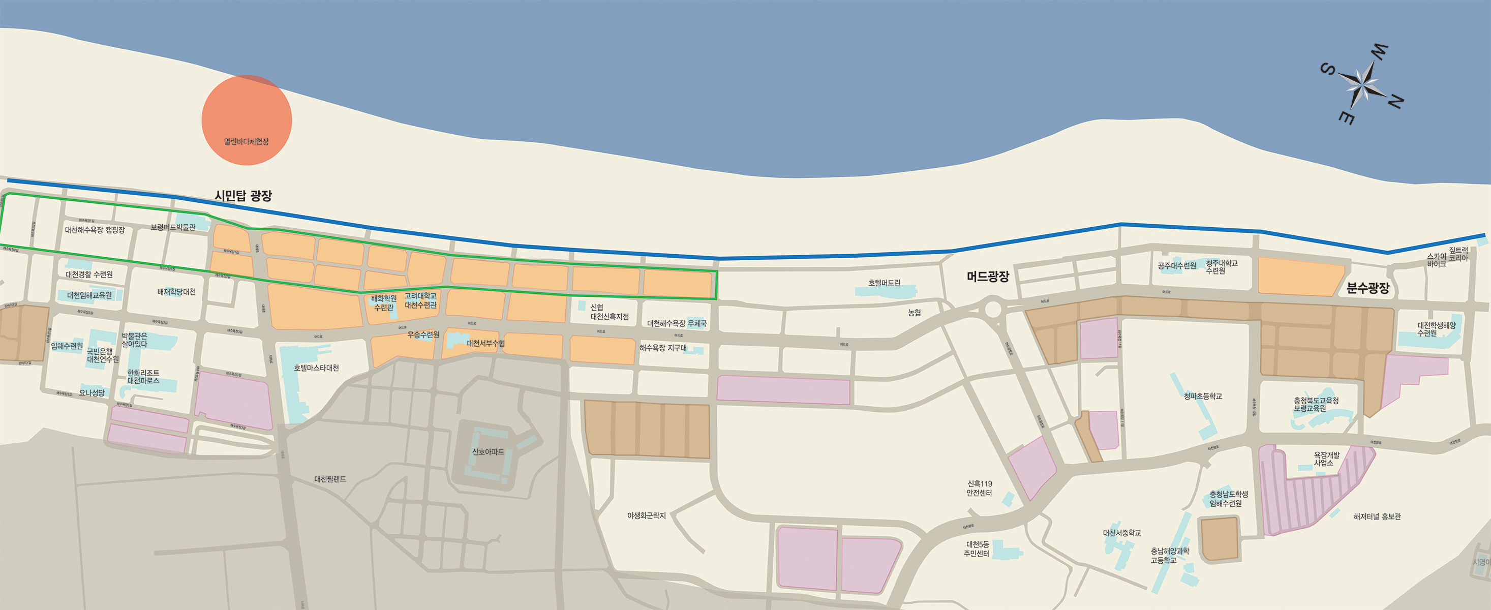대천해수욕장 시설안내도(지도) : 이용시설 및 안내, 차없는거리(7~8월), 공영주차장, 민박,펜션 지역, 무장애 해변보행로, 열린바다체험장의 위치를 확인하실 수 있습니다.